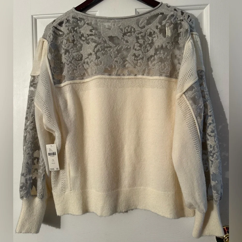 ANTHROPOLOGIE Plus 1X Ivory Pewter Balloon Sleeve Wool Blend Boho Lace Sweater - Picture 7 of 16